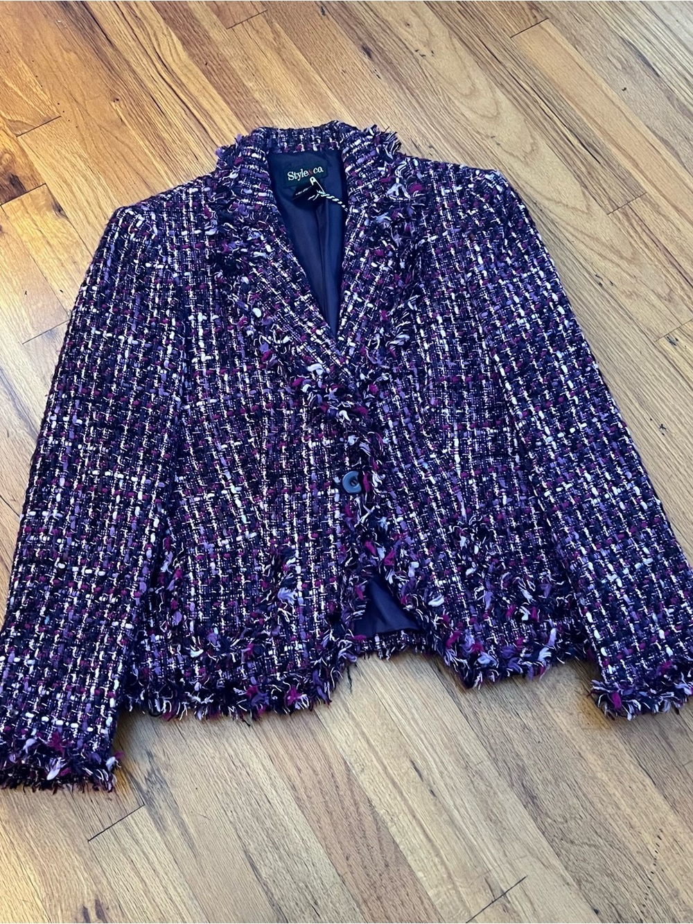Style & Co. Purple Multi Tweed Fringed Blazer